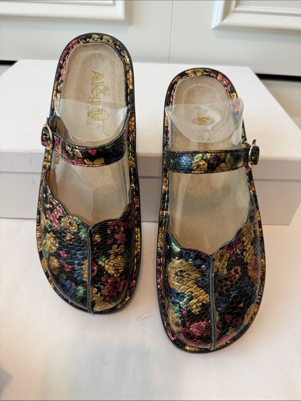 Alegria Paloma Black Floral Embossed Mary Jane Clogs